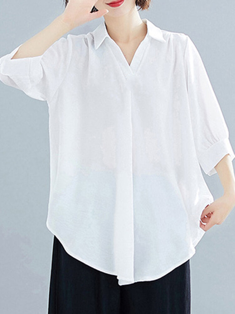 Solid Ruched Asymmetrical Lapel Casual Loose Blouse