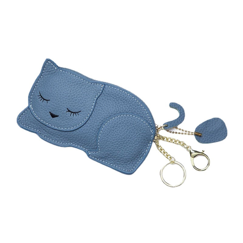 Women Genuine Leather Casual Cute Animal Nap Cat Pattern Mini Keychain Coin Storage Bag