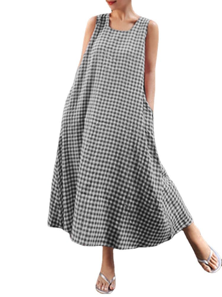 Women Casual Sleeveless Plaid Side Pocket Loose Maxi Dress