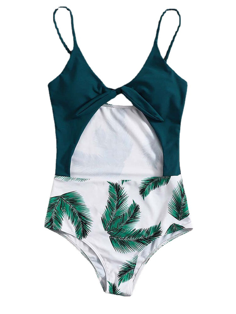 Leaf Print Knotted Spaghetti Adjustable Straps One Piece Summer Beach Swimwear