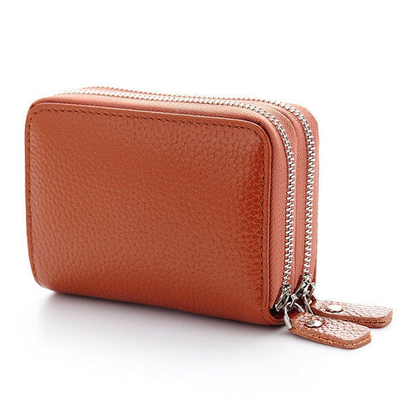 Unisex Genuine Leather 13 Card Slot Coin Holder RFID Anti-magnetic Mini Wallet Double Zipper Pocket Cowhide Coin Purse