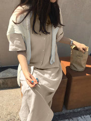 Solid Slit Half Sleeve Belt Lapel Button Down Shirt Dress