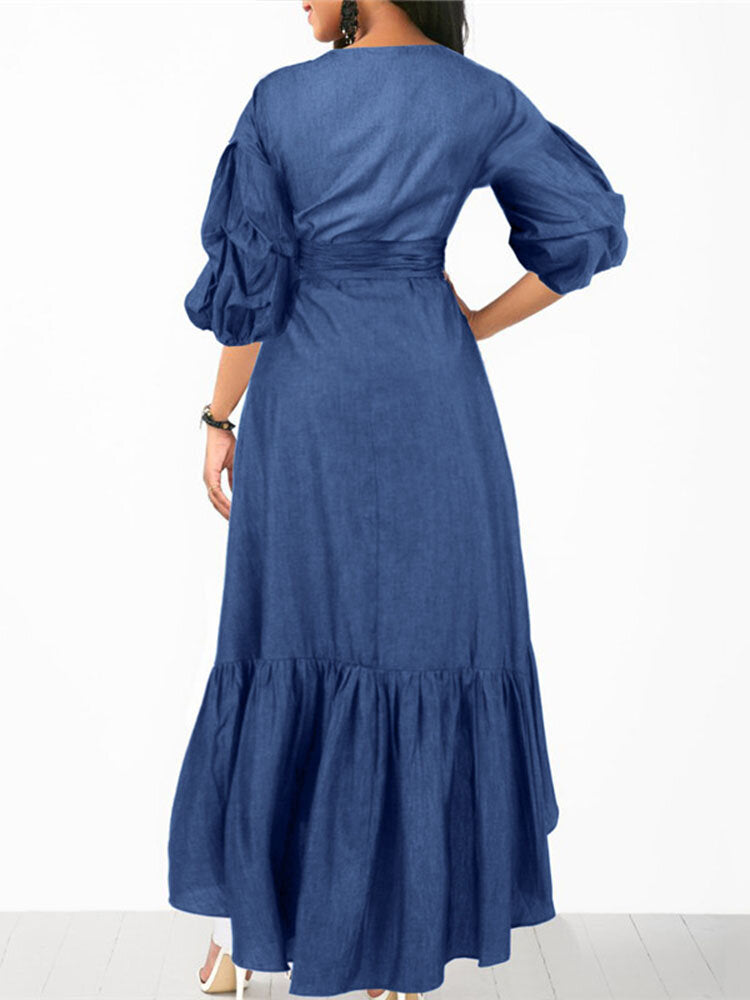 Women Denim Irregular Ruffle Hem Puff Sleeve Belted V-Neck Midi Dress