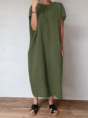 Solid Pocket Cotton Round Neck Casual Maxi Dress