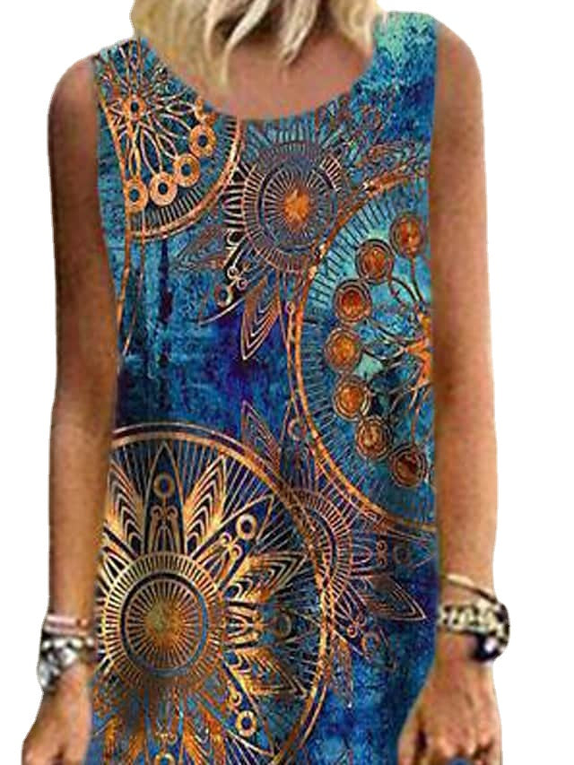 Women's Sleeveless Floral Print Crew Neck Vacation Bohemia Long Dress - Maxi T shirt Dresses