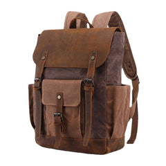 Men Oil Wax Canvas Multi-pocket Backpack Large Capacity Breathable Wear-resistant 14 Inch Laptop Bag