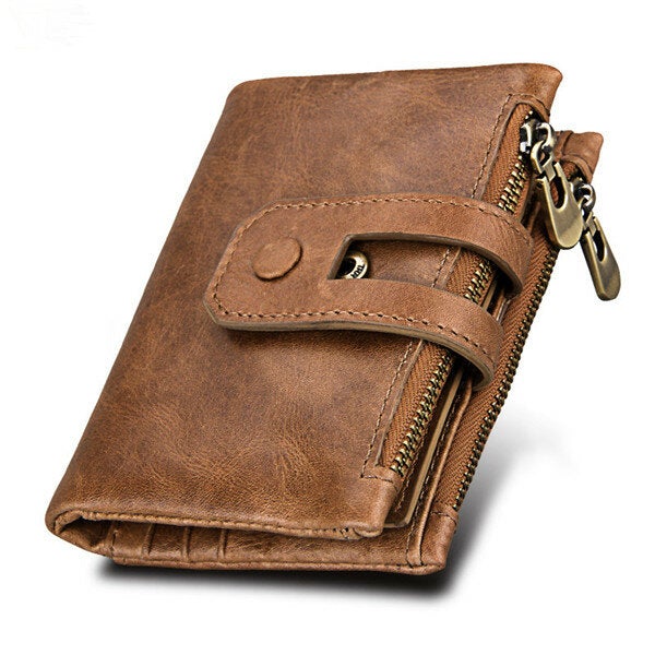 RFID Blocking Secure Wallet 11 Card Slots Vintage Genuine Leather Mens Zipper Wallet