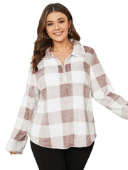 Plus Size Lapel Collar Plaid Zip Front Sweatshirt