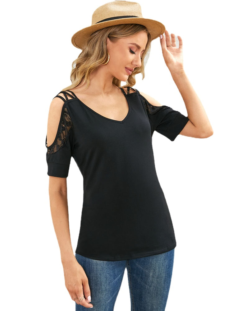 Solid Lace Splicing Cold Shoulder Backless Casual Blouse