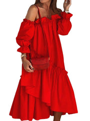 Off Shoulder Pleating Ruffles Solid Color Holiday Casual Layered Dress For Women