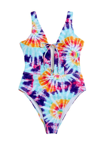 Colorful Tie Dye Bowknot Trim High Fork One Piece Women Beach Swimwear