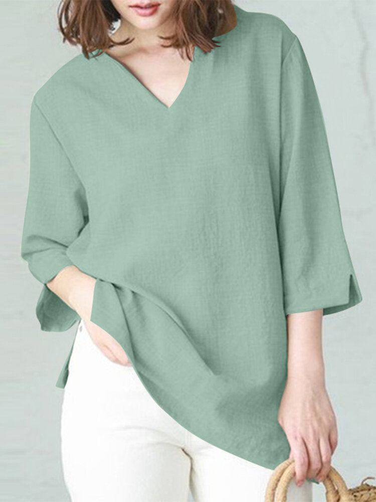 Solid Split V Neck Cotton Casual Blouse