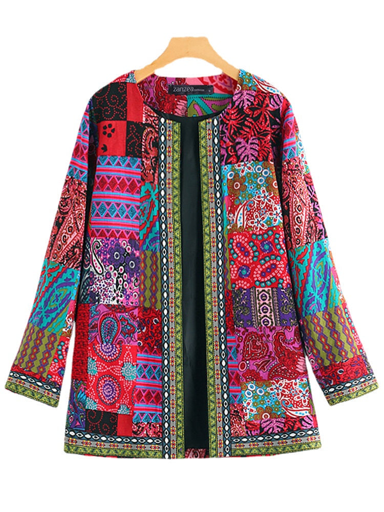 Ethnic Style Vintage Floral Printed Long Sleeve Coats For Women
