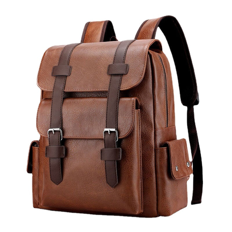 Men PU Soft Leather Multi-pocket Decompression Design Backpack Retro 14 Inch Laptop Bag Student School Bag