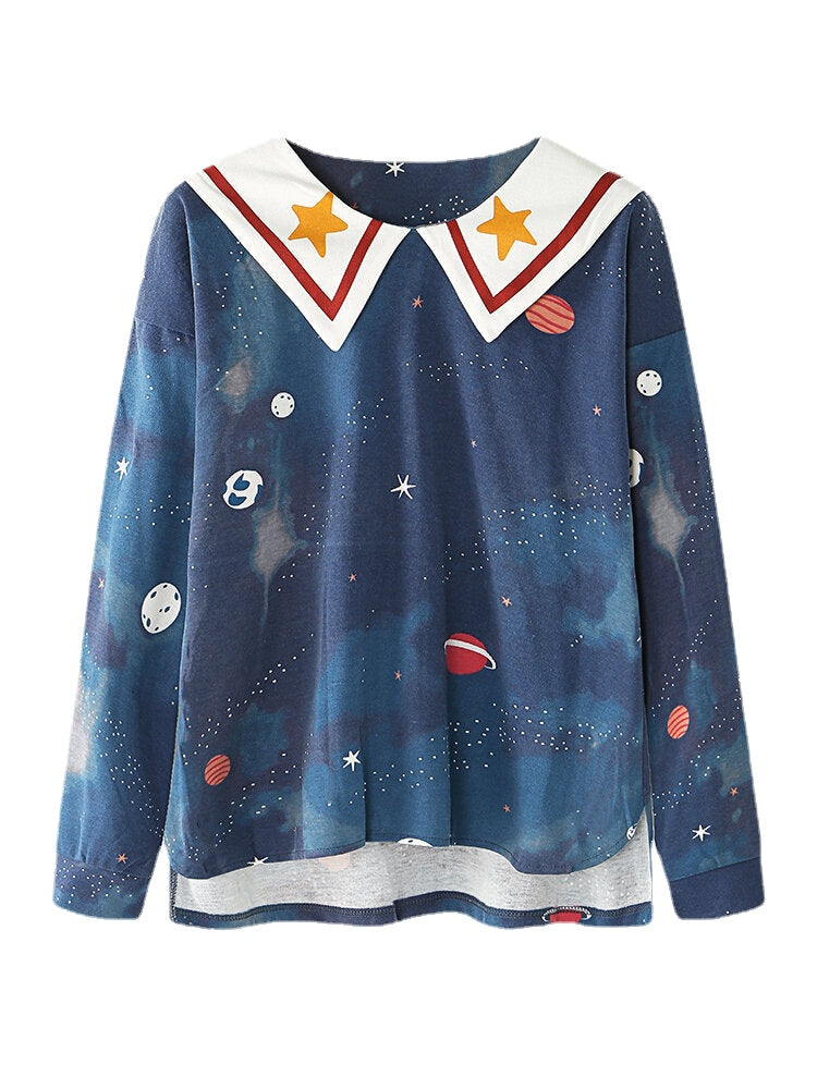 Women Starry Sky Print Cute Pullover Loose Elastic Waist Cartoon Home Pajama Set