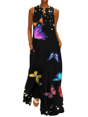 Women's Sleeveless Print V Neck Stylish Temperament Stage Long Dress