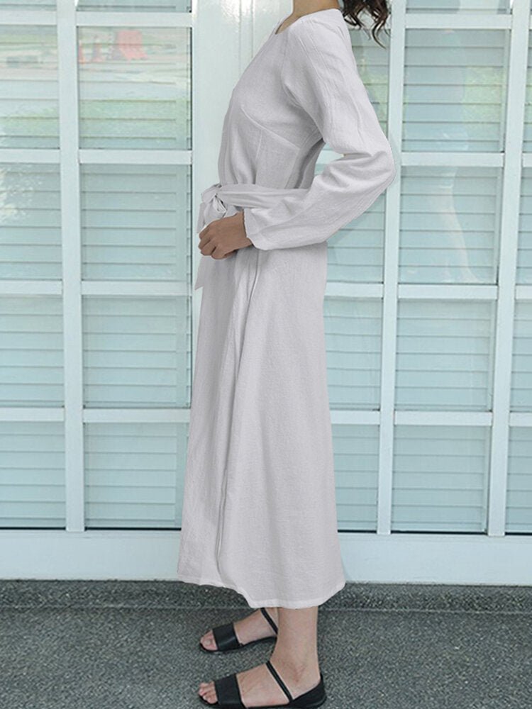 Women Daily Casual Belted Tie Waist Long Sleeve Solid Cotton Maxi Dress