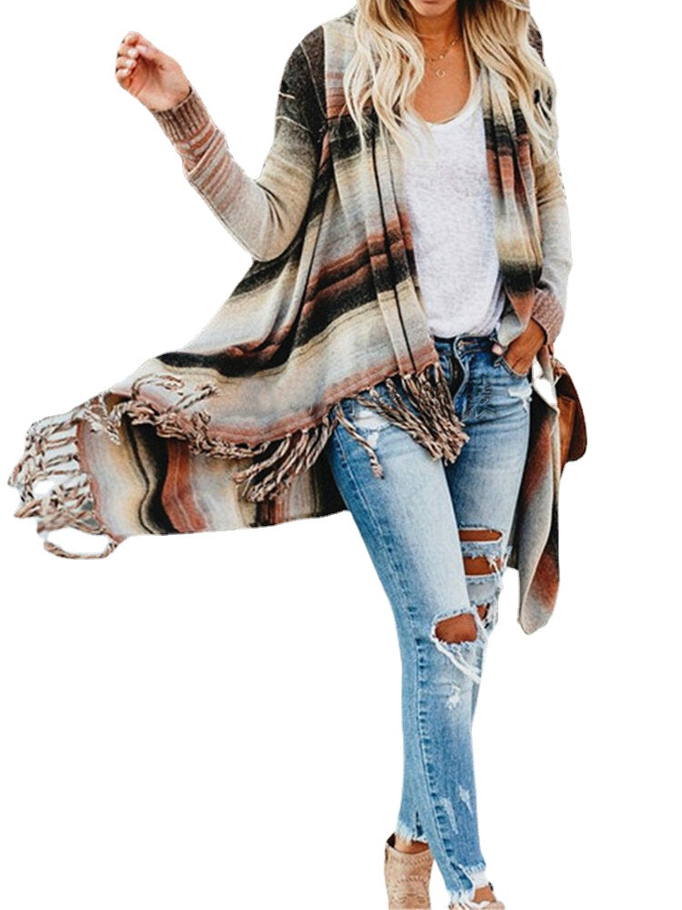 Women Striped Tessel Open Front Knitting Long Sleeve Irregular Hem Cardigan