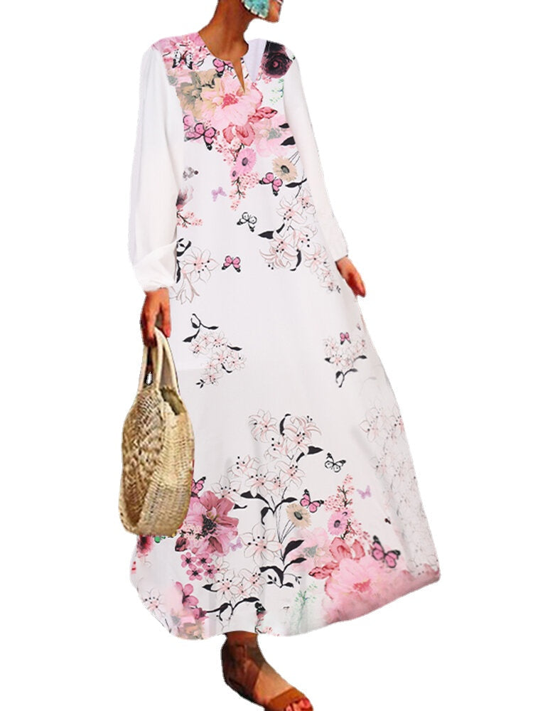 Casual Travel All Seaon Full Sleeve Floral V-Neck Dresses