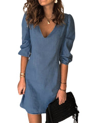 Women V-Neck 3/4 Sleeve Casual Demin Mini Shirt Dresses