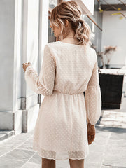 Polka Dot Mesh Patchwork Button Long Sleeve Dress For Women