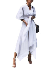 Women 3/4 Sleeve Asymmetrical Midi Shirt Casual Belted Long Dress