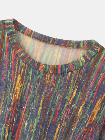 Women Multi-Color Striped Glitter Printed Long Sleeve O-Neck Blouse