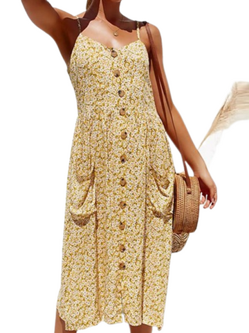 Women's Sleeveless Button Spaghetti Strap Fashion Dress