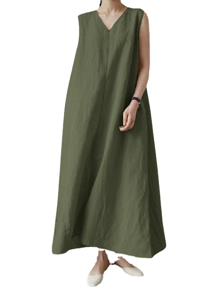 Solid V Neck Sleeveless Casual Cotton Maxi Dress