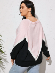 Plus Size Crew Neck Color Block Patchwork Long Sleeves Sweater