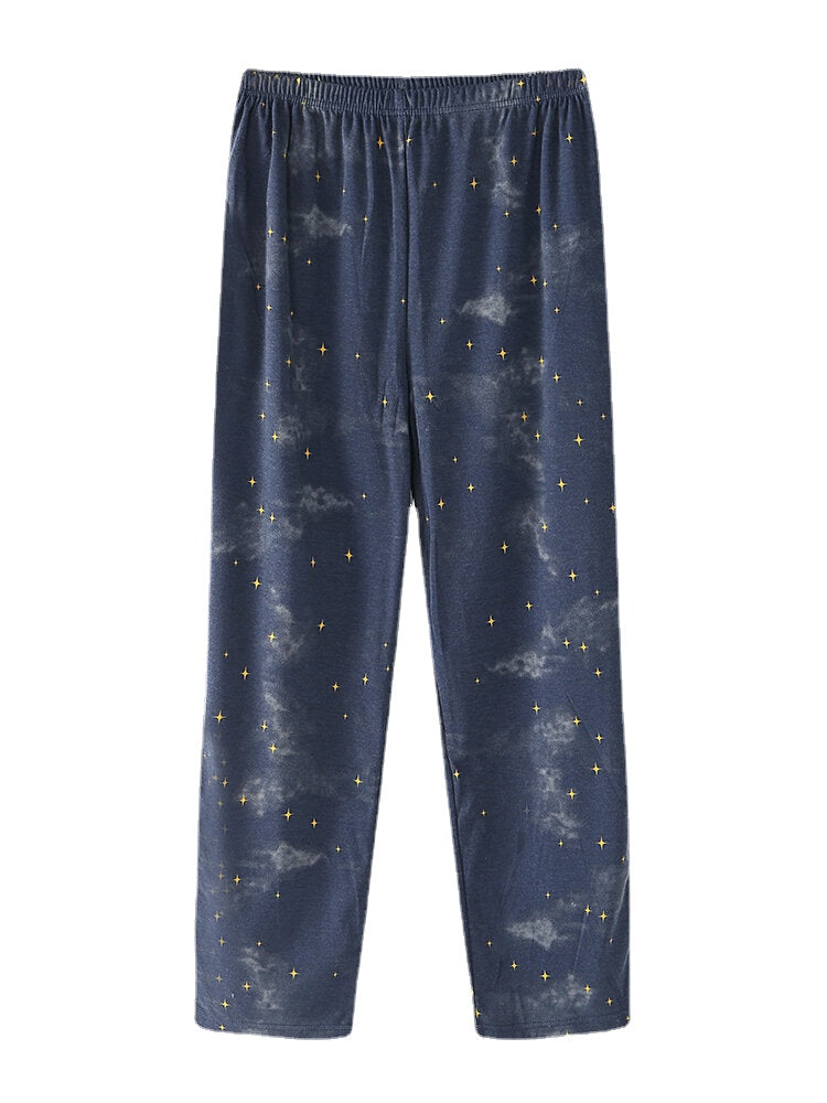 Women Cartoon Polar Bear & Starry Sky Print Pullover Elastic Waist Pocket Pants Home Pajama Set