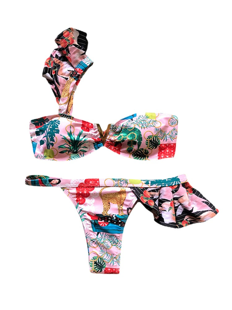 Women One Shoulder Floral Printing Ruffle Trims Backless Beach Holiday Low Waist Bikinis