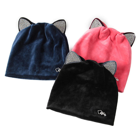 Women Velour Rhinestone Deco Cat Ear Windproof Beanie Cap Animal Hat