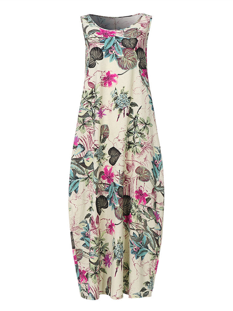 Sleeveless O-neck Loose Causal Floral Print Maxi Dress