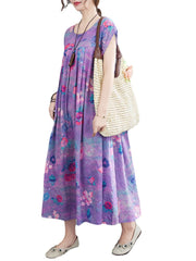 Floral Printed Bohemian Europe Retro Style O-Neck Loose Dress