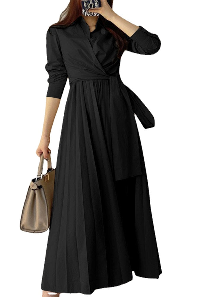 Solid Pleated Tie Long Sleeve Lapel A-line Shirt Dress