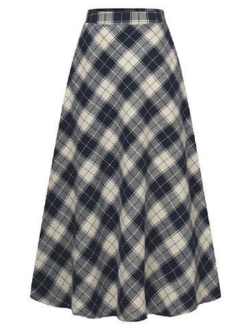 Women Plaid A-Line Vintage High Waist Skirts With Pocket