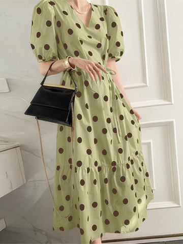 Polka Dot Print Half Sleeve V-neck Puff Drawstring Dress