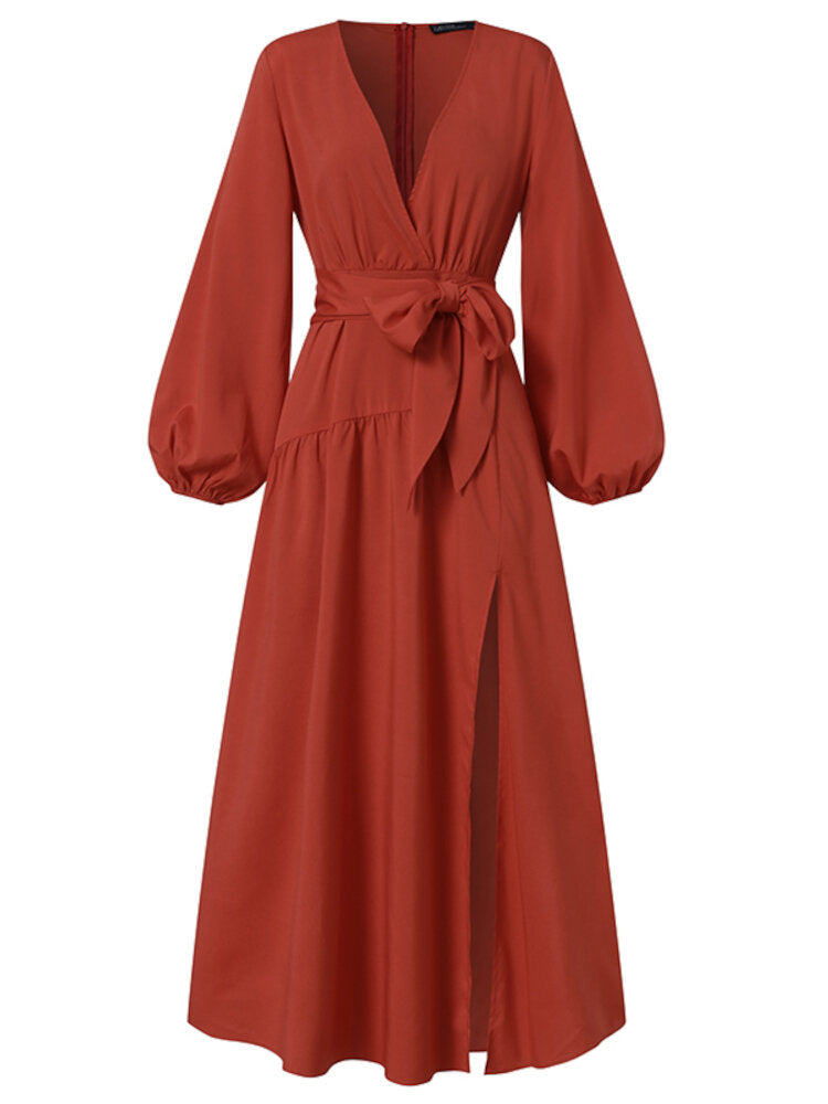 Women Lace-Up High Split V-Neck Holiday Elegant Long Sleeve Solid Color Maxi Dress