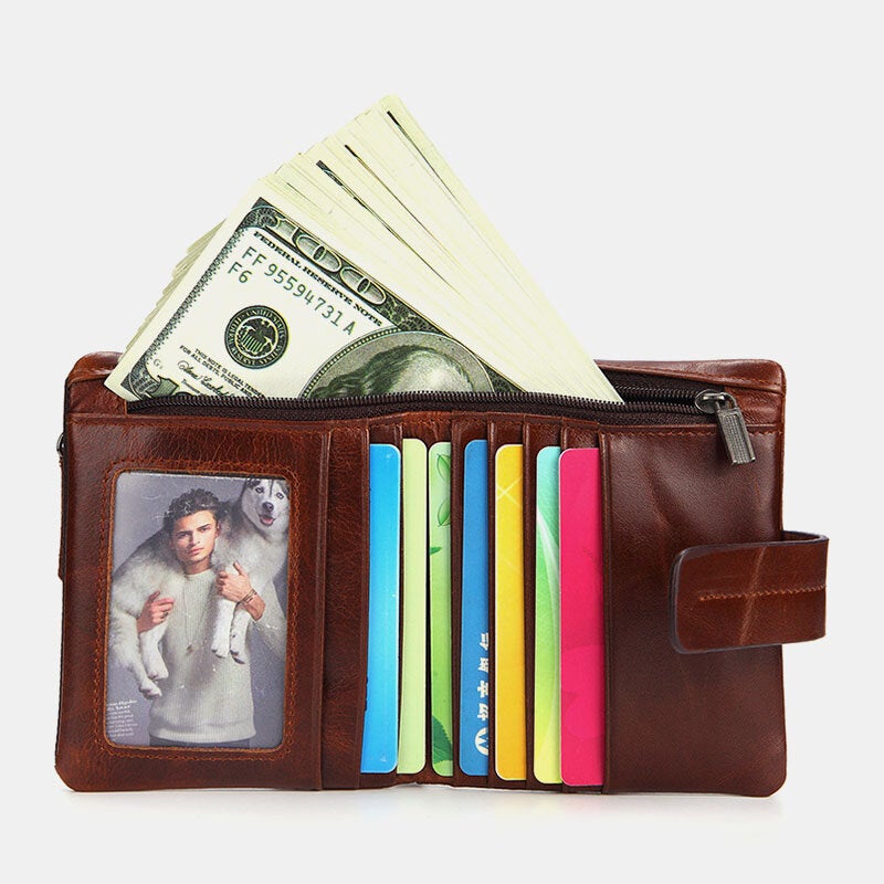Men Genuine Leather Retro Zipper Cowhide Multi-slot Card Holder Wallet
