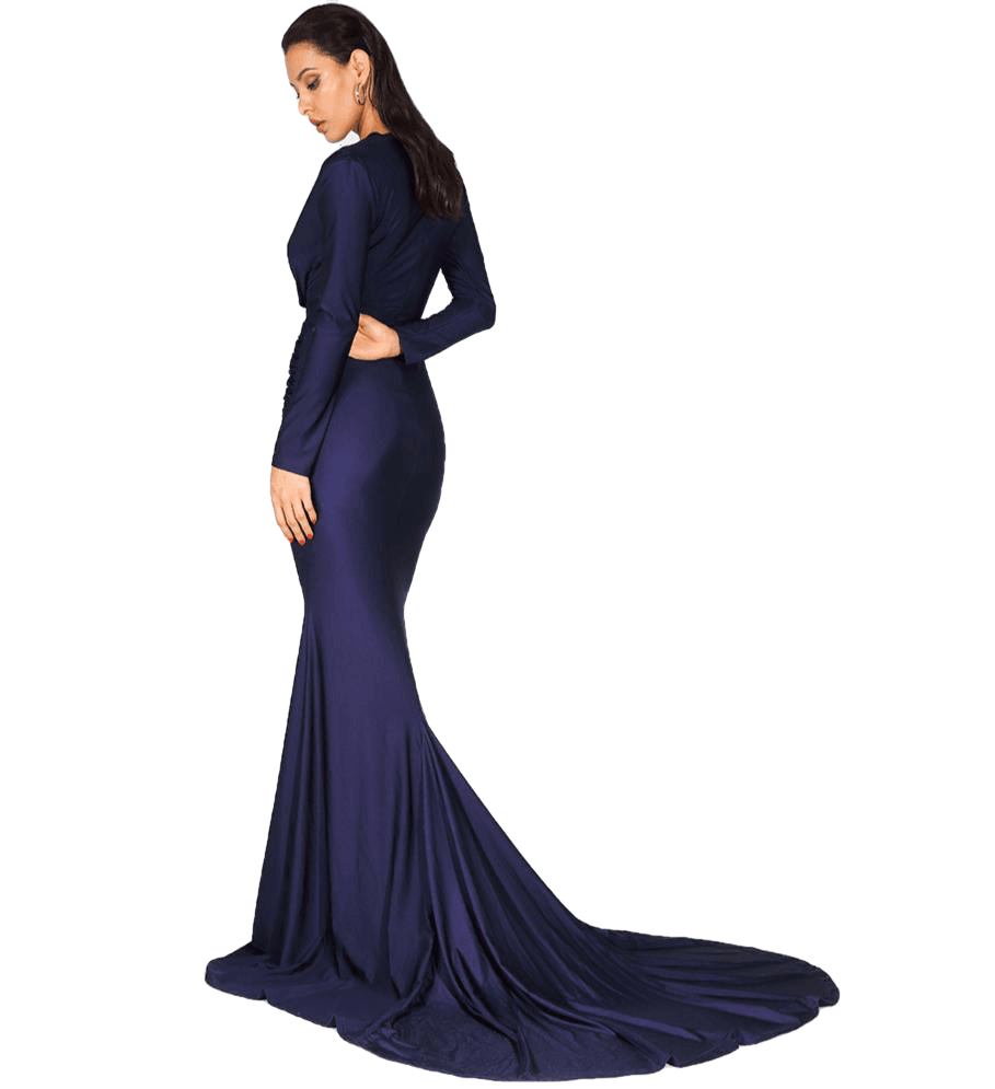 Love&Lemonade  Sexy NAVY Deep V-Neck Slim Fit Elastic Fabric Trai Ling Dress LM81535 NAVY