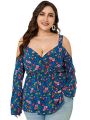 Plus Size Cold Shoulder Calico Backless Design Crossed Front Blouse