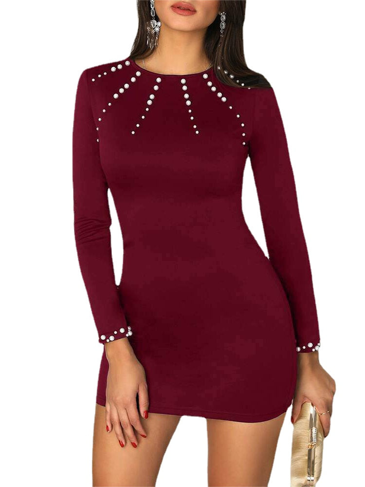 Elegant Pearl Details Round Neck Long Sleeves Mini Dress