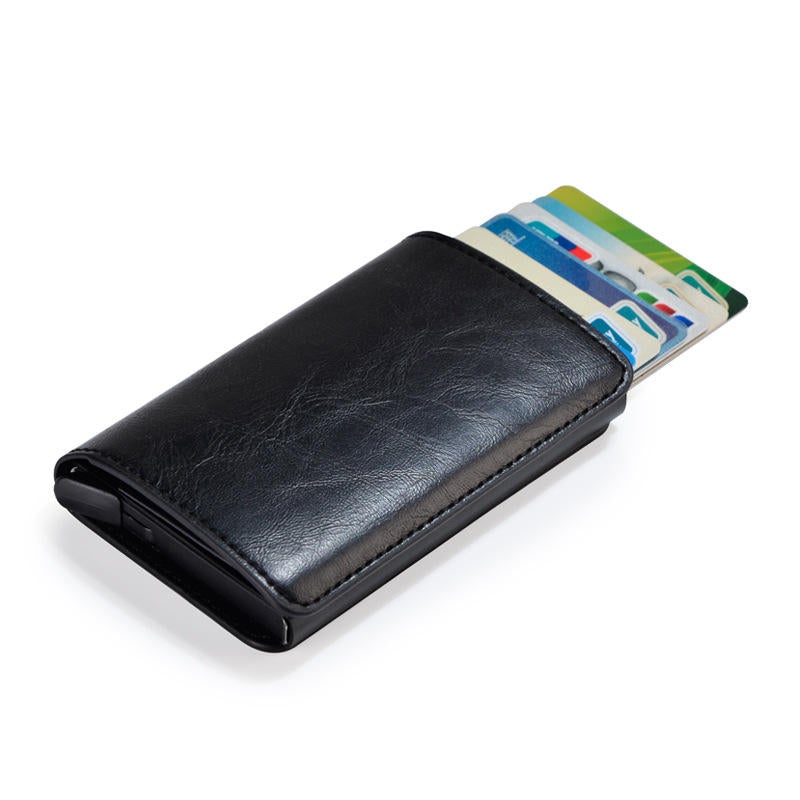 Men Faux Leather Retro Automatic Card Case Metal Holder Wallet