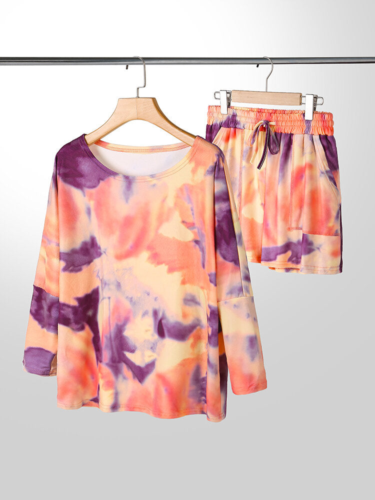 Tie Dye Women Long Sleeve Drawstring Pocket Shorts Casual Home Two-piece Set