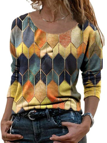 Women Vintage Colorful Geometric Print O-Neck Long Sleeve Blouse
