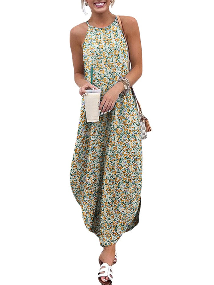 Women Floral Print Sleeveless Sling Split Hem Thin Casual Holiday Maxi Dress