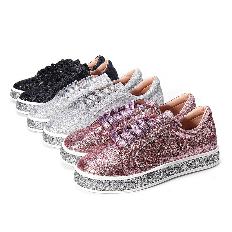 Women Spring Sequin Glitter Bling Sneakers Casual Lace Up Flats Casual Platform Shoes