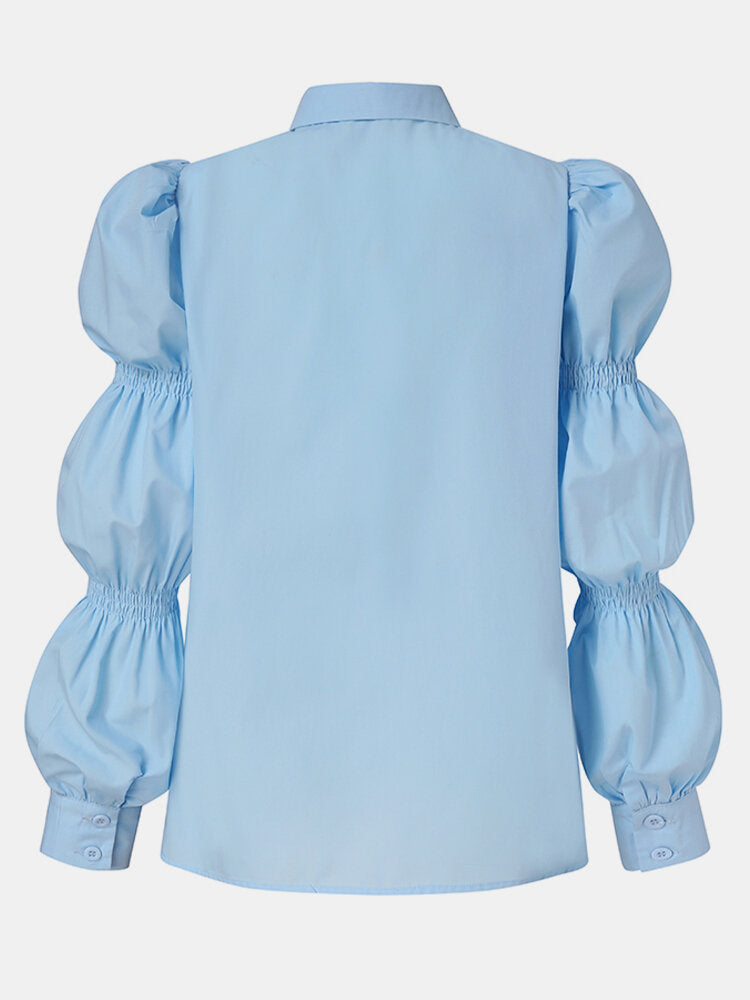 Women Solid Color Lapel Elastic Lantern Sleeve Casual Blouse