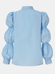 Women Solid Color Lapel Elastic Lantern Sleeve Casual Blouse